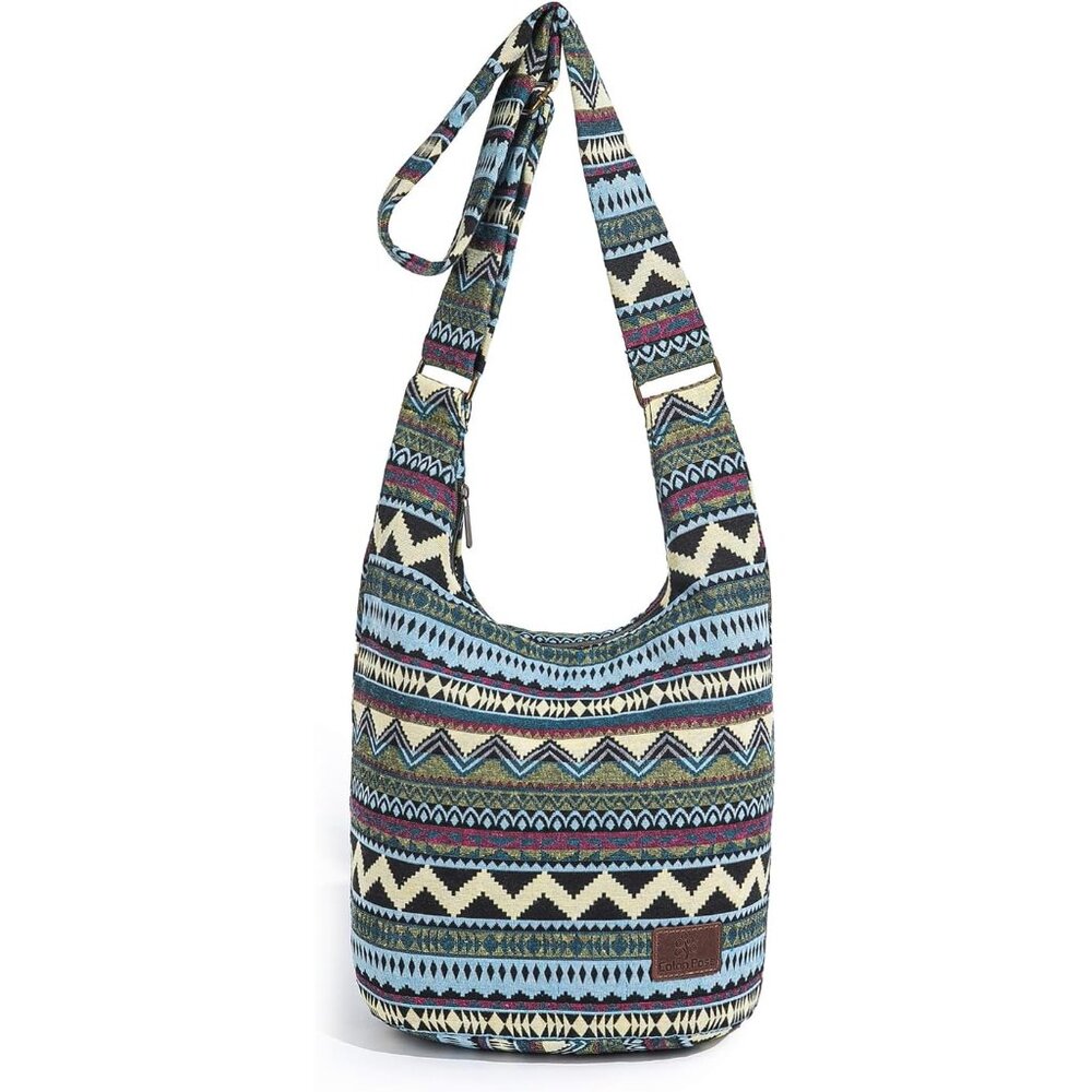 Women Hippie Crossbody Bag - Top Zip Large Capacity Canvas Sling Bag - Jacquard